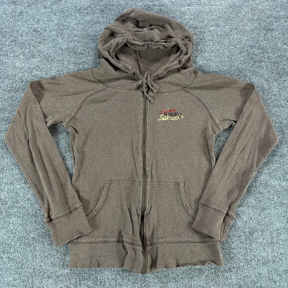 District Threads Sisters Rodeo Brown Ribbed Full Zip Hoodie Womens Large Western